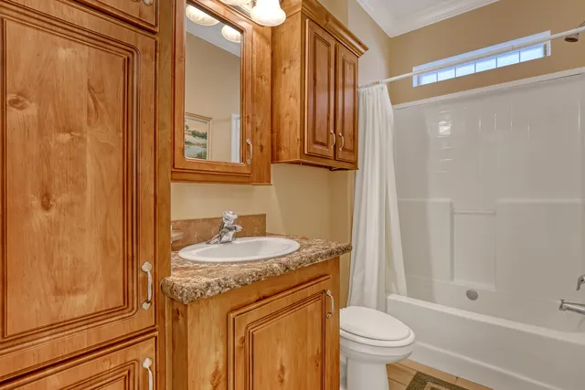 a bathroom with a granite countertop sink toilet and shower