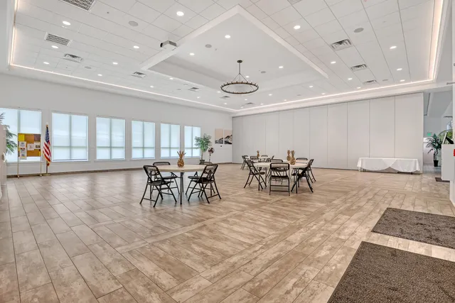 a view of a dining room with furniture