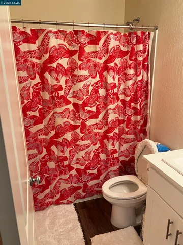 a white toilet sitting next to a shower curtain