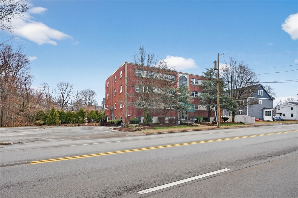 a view of a building and a street