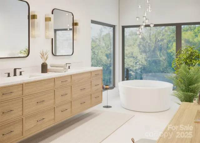 a bathroom with a double vanity sink mirror and bathtub