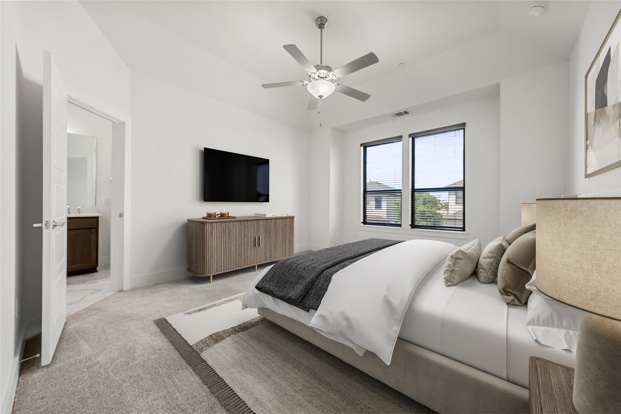 12315 Maypole Bend, Unit 1002 Austin, TX 78717 - Photo 9 of 29 Bedroom featuring carpet flooring, a ceiling fan, and connected bathroom
