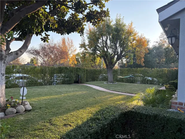 a view of a park with large trees