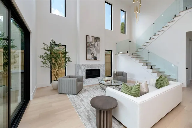 a living room with furniture a fireplace and a potted plant