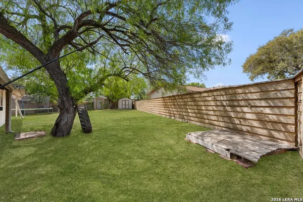 a view of a backyard with a garden and trees