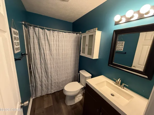 a bathroom with a sink a toilet a mirror and shower curtain