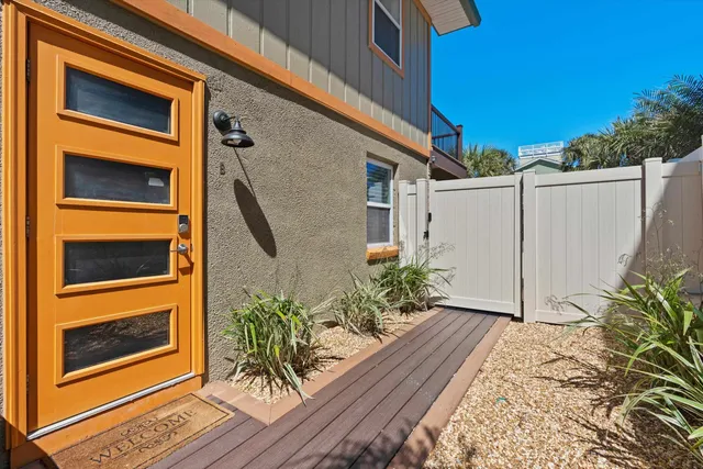 a potted plant in front of a door