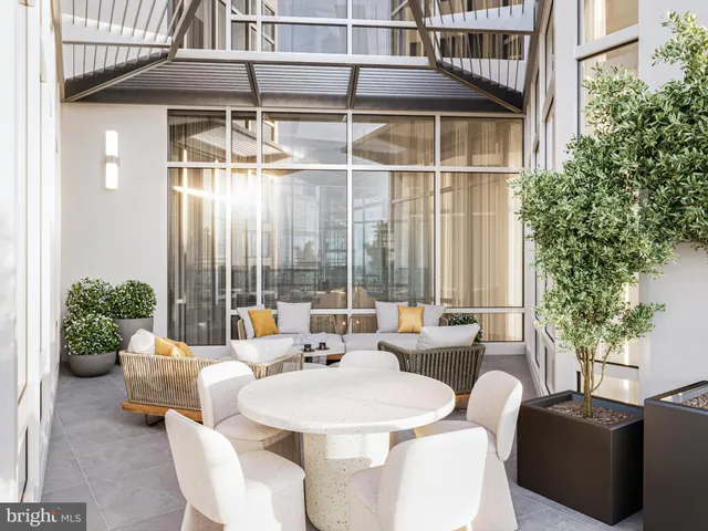 a building outdoor space with patio furniture