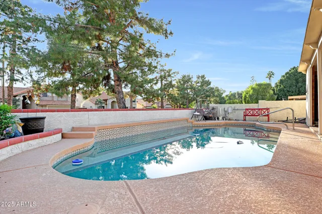 a view of a swimming pool with a patio and a garden