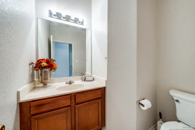 a bathroom with a sink vanity and a toilet