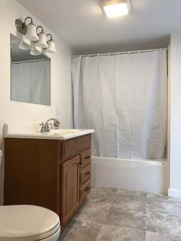 a bathroom with a sink vanity mirror and toilet