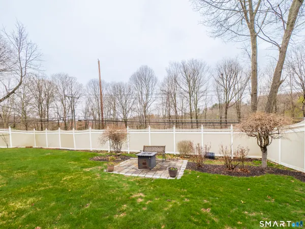 a view of a backyard with a large tree