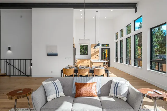 a view of a dining room with furniture window and outside view