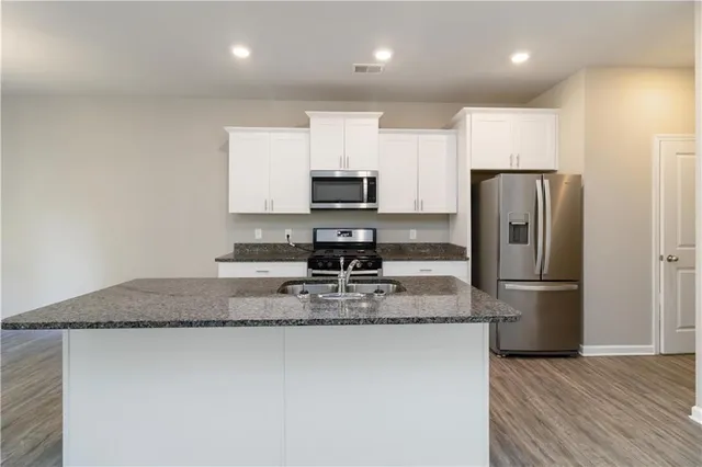 a kitchen with stainless steel appliances granite countertop a refrigerator a stove a sink and a microwave