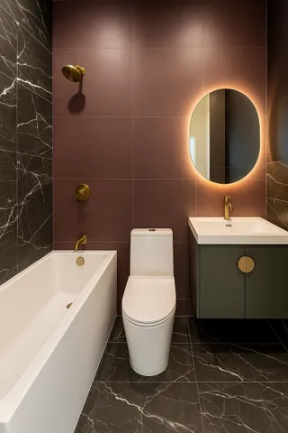 a bathroom with a toilet sink and mirror