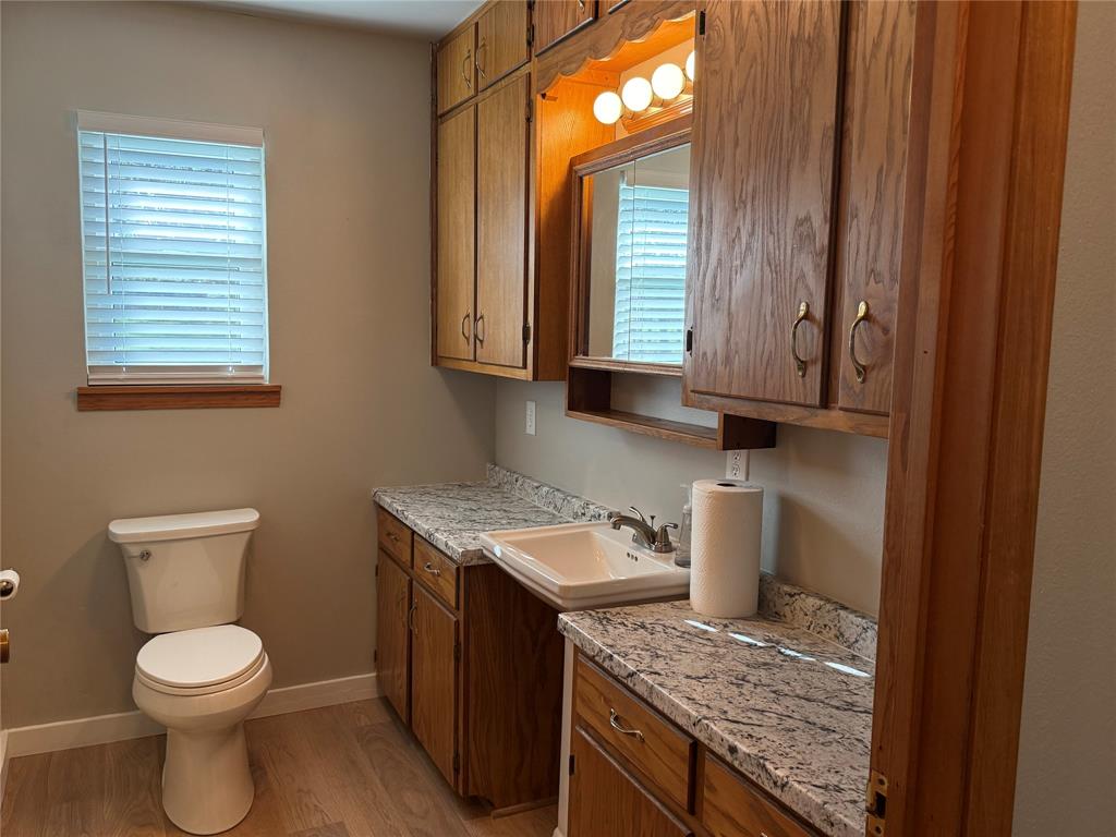 10109 Clark Airfield Road Justin, TX 76247 - Photo 13 of 24 Downstairs bathroom with new countertops, new toilet, and a big walk-in shower. Tons of storage!