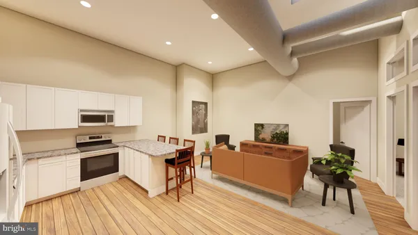 a kitchen with furniture and a stove