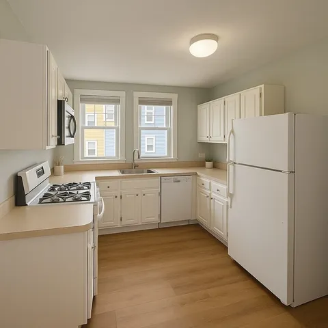 a kitchen with white cabinets and white appliances