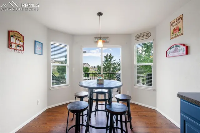 a view of a dining room with furniture window and wooden floor