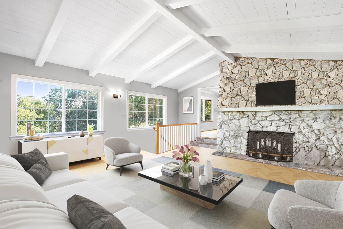 14160 Miranda Road Los Altos Hills, CA 94022 - Photo 8 of 30 a living room with furniture a fireplace and a flat screen tv