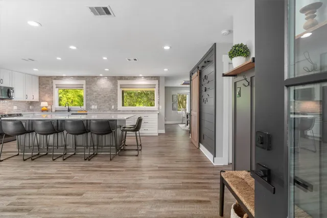 a view of a dining room with furniture