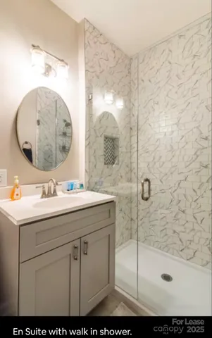 a bathroom with a sink mirror and vanity