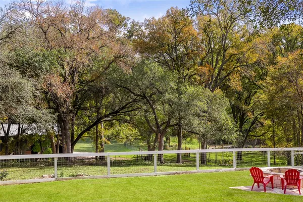a view of a park with large trees