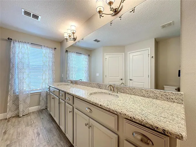 a bathroom with a granite countertop double vanity sink and a mirror