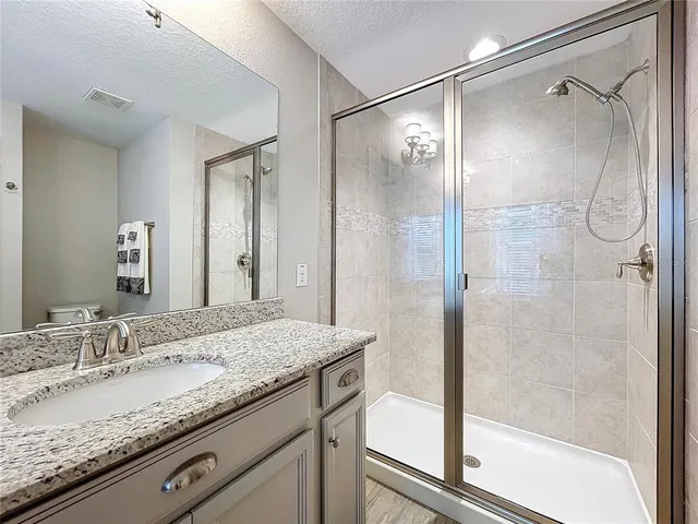 a bathroom with a granite countertop shower sink and mirror