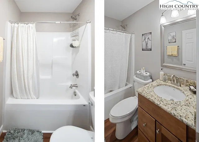 a bathroom with a granite countertop toilet sink and shower