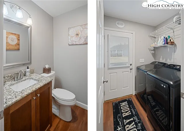 a bathroom with a granite countertop toilet sink and mirror