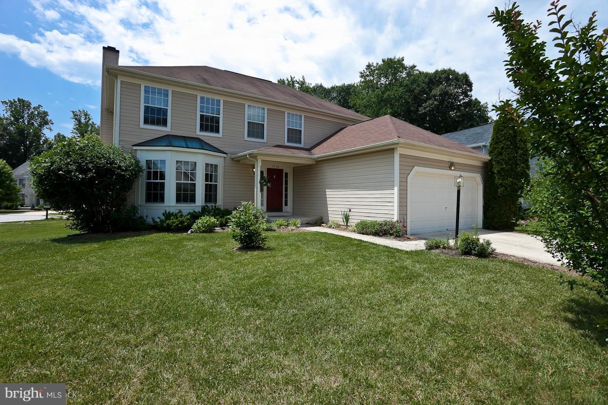 a view of a yard in front of a house with plants and large tree
