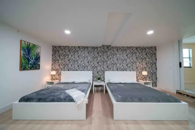 a living room with a rug