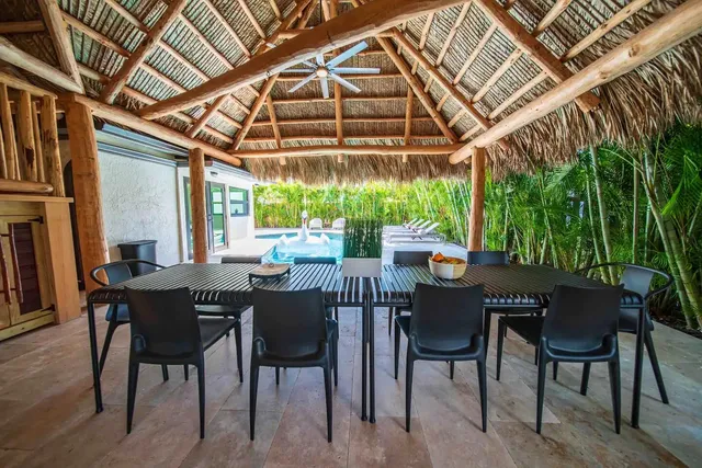 a view of a dining table and chairs in a patio