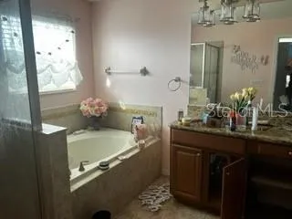 a bathroom with a granite countertop sink a large mirror and a bathtub