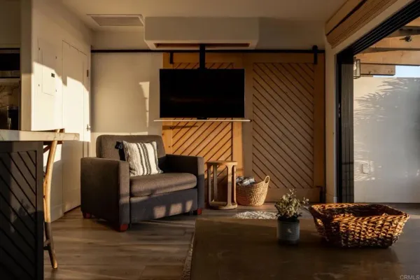 an outdoor space with seating