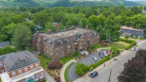 an aerial view of a house with a garden and trees