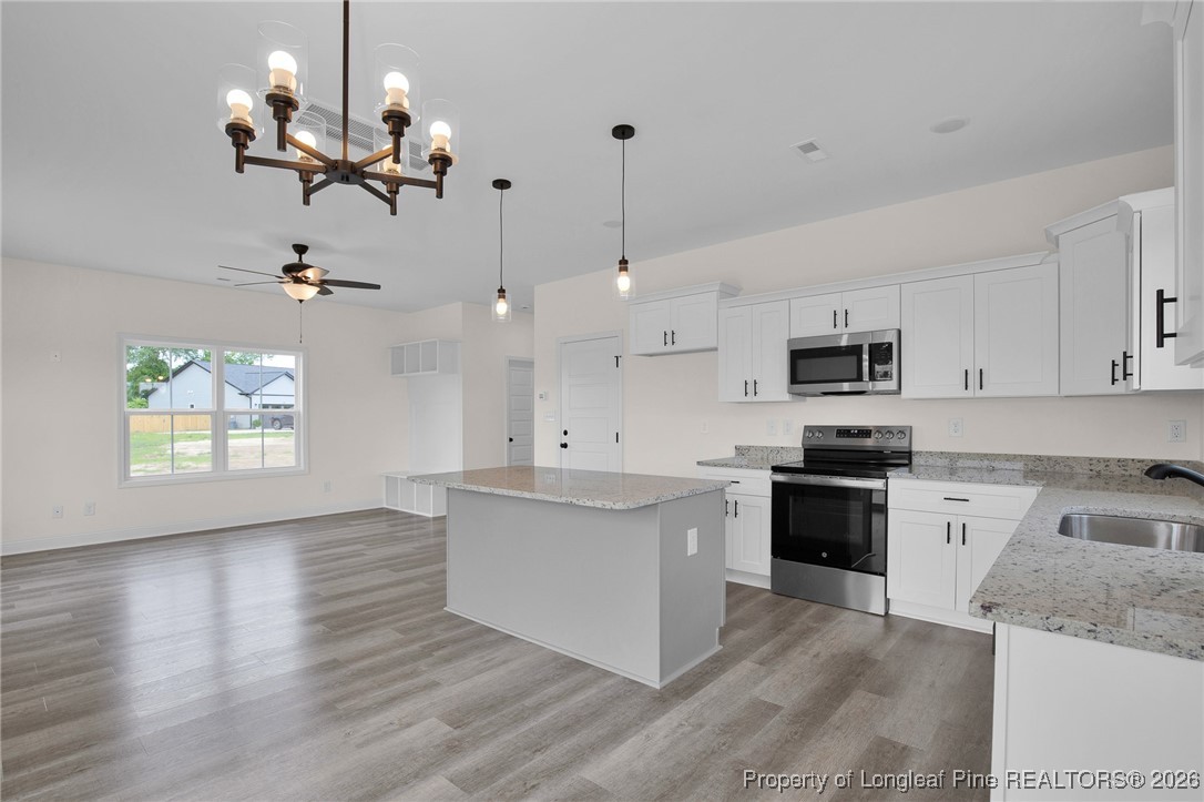 253 Barberry Road Raeford, NC 28376 - Photo 11 of 31 a large kitchen with stainless steel appliances granite countertop a stove oven a sink dishwasher and a refrigerator with wooden floor