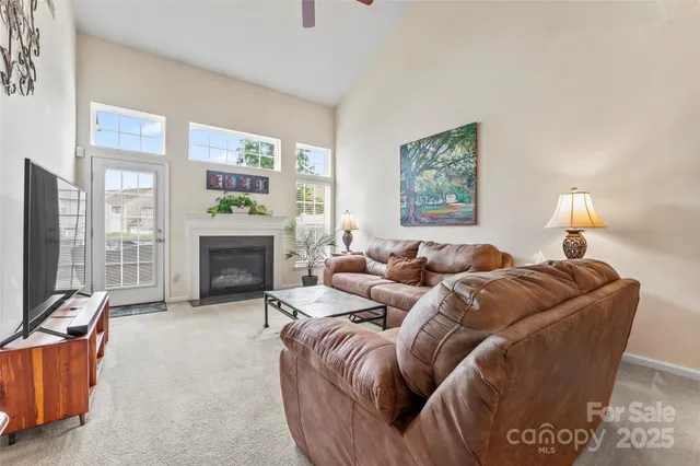 a living room with furniture window and a fireplace