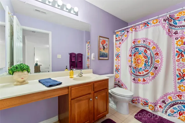 a bathroom with a sink a toilet and shower curtain