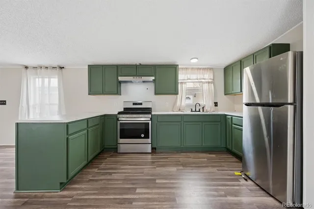 a kitchen with a refrigerator and a sink