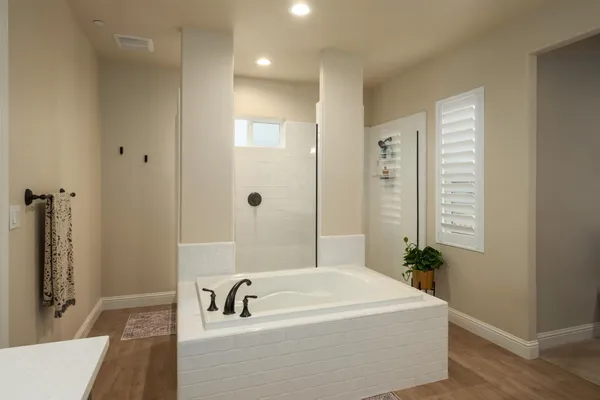 a bathroom with a tub a sink and a shower