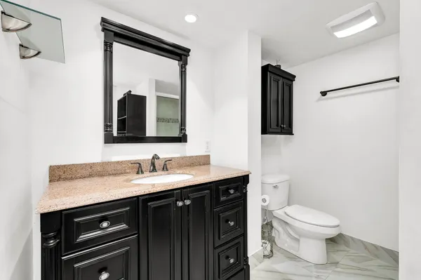 a bathroom with a toilet a sink a mirror and vanity