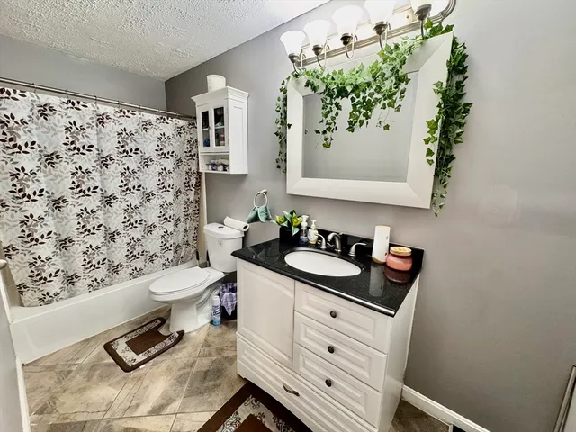 a bathroom with a granite countertop sink and a toilet