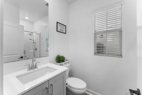a bathroom with a sink a toilet and mirror