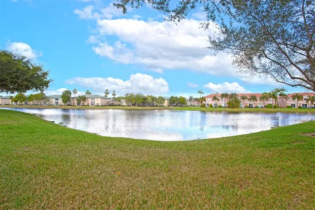 a view of a lake with a city