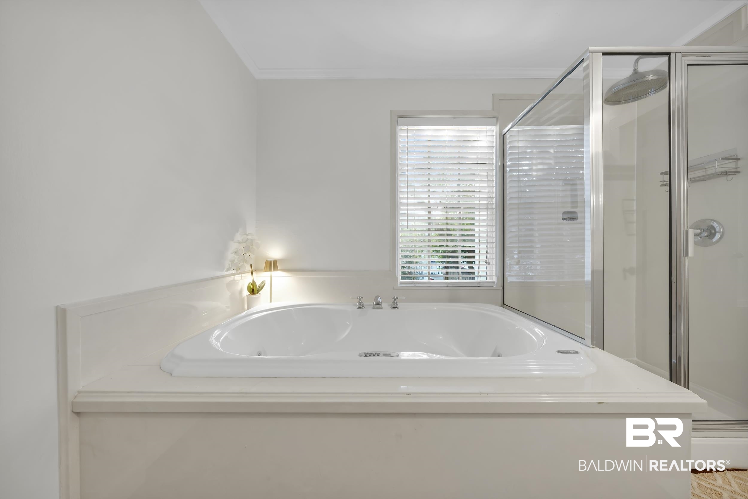 18 York Place Mobile, AL 36608 - Photo 19 of 27 Bathroom with a stall shower, a garden tub, and ornamental molding