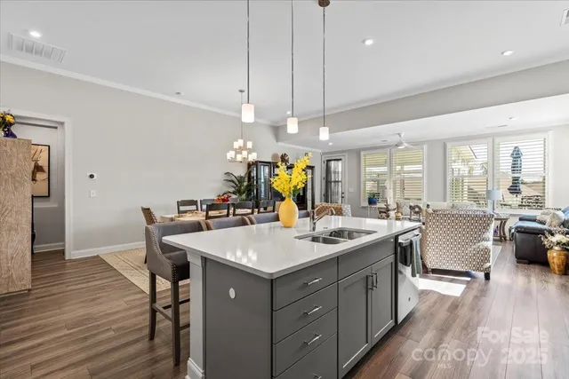 a kitchen with a stove a counter space a sink cabinets and wooden floor