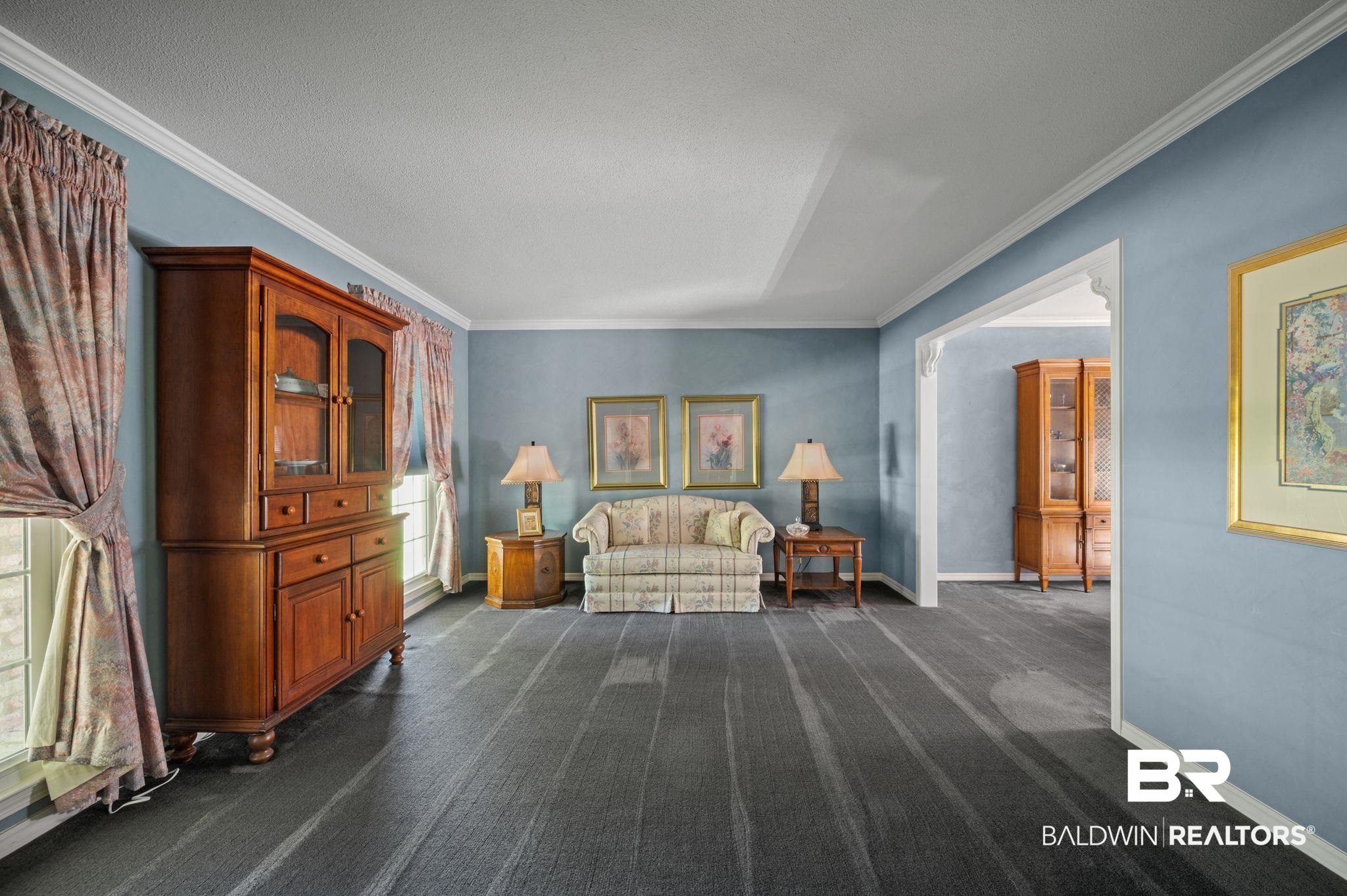 950 Walter Smith Road Mobile, AL 36695 - Photo 8 of 51 Living area with ornamental molding, dark colored carpet, baseboards, and plenty of natural light