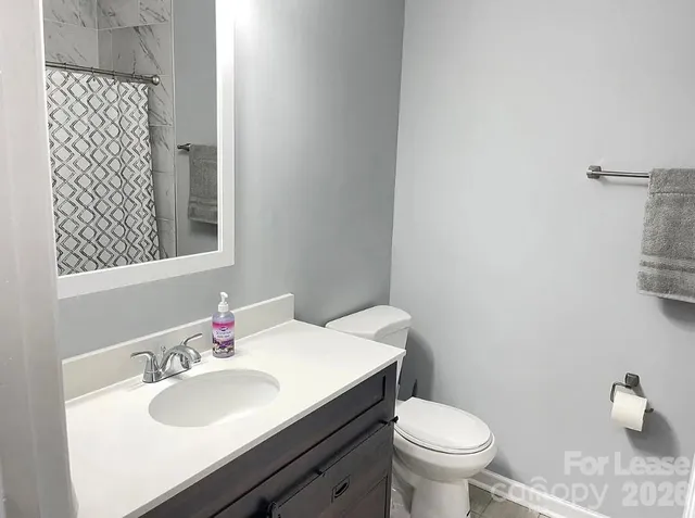 a bathroom with a sink toilet and a mirror